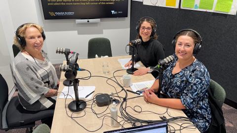 Teaching Excellence Program Master Teachers Lorena Pellone-Gismondi and Francés Braithwaite are joined by neurologist, former teacher and change maker Dr Judy Willis in a podcast recording room
